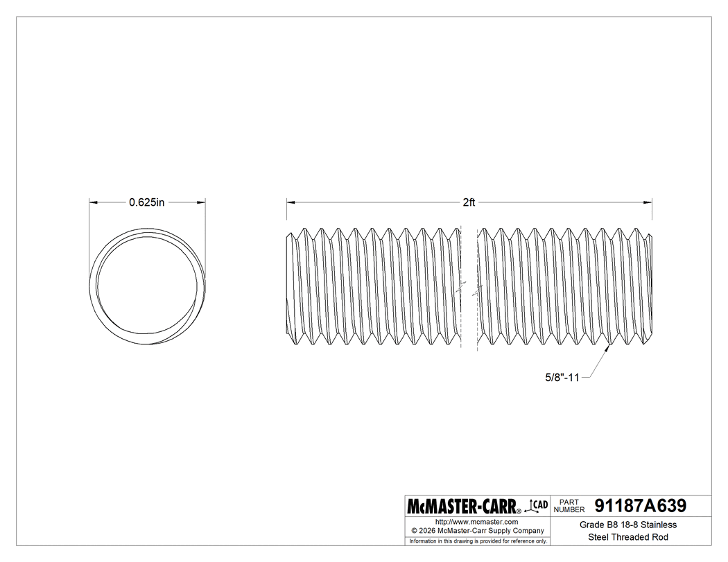 Technical Drawing of Grade B8 18-8 Stainless Steel Threaded Rod, 5/8"-11 Thread Size, 2 Feet Long.